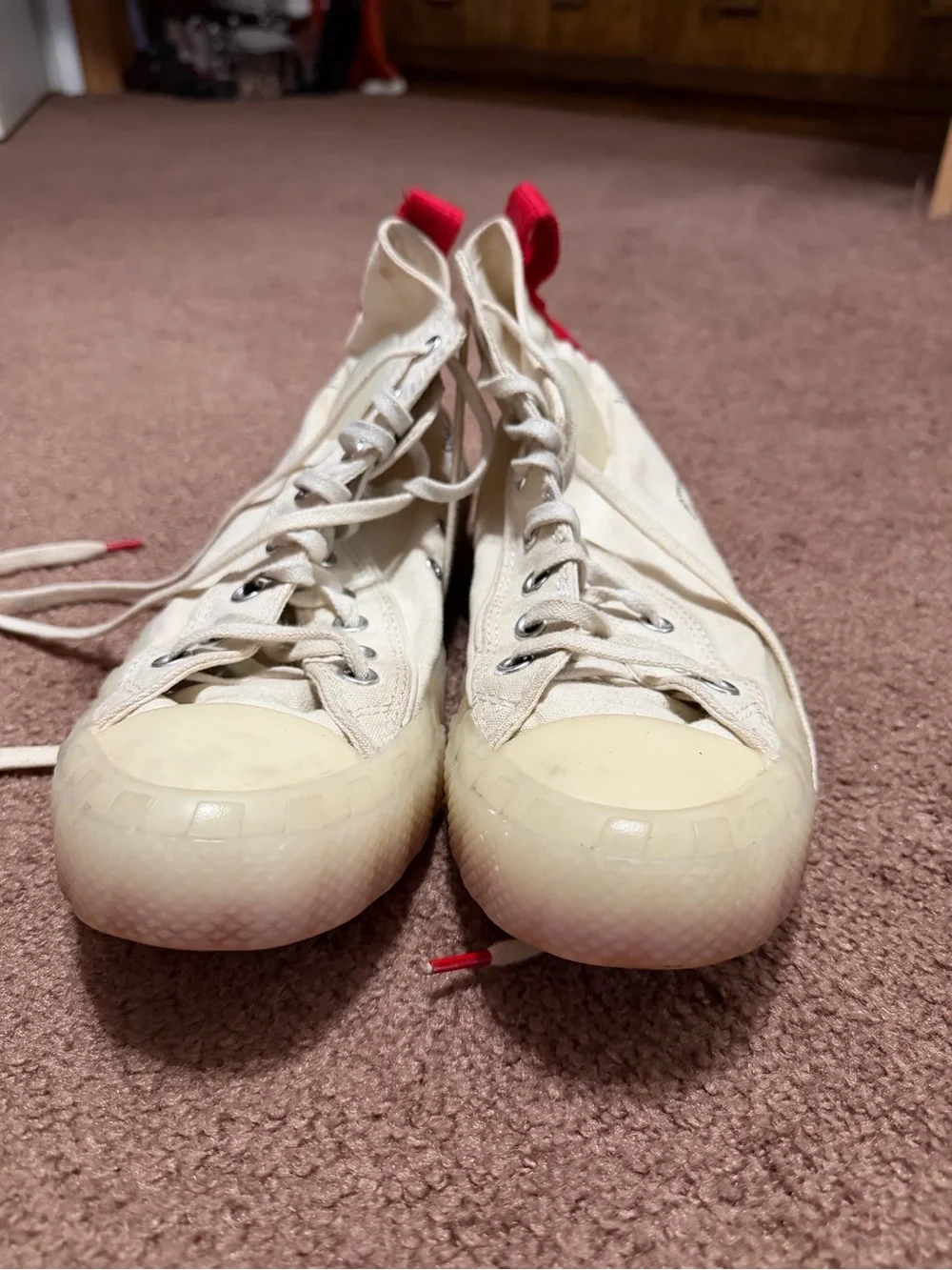 Converse High-Top Platform Sneakers in Cream with Red Heel Tab